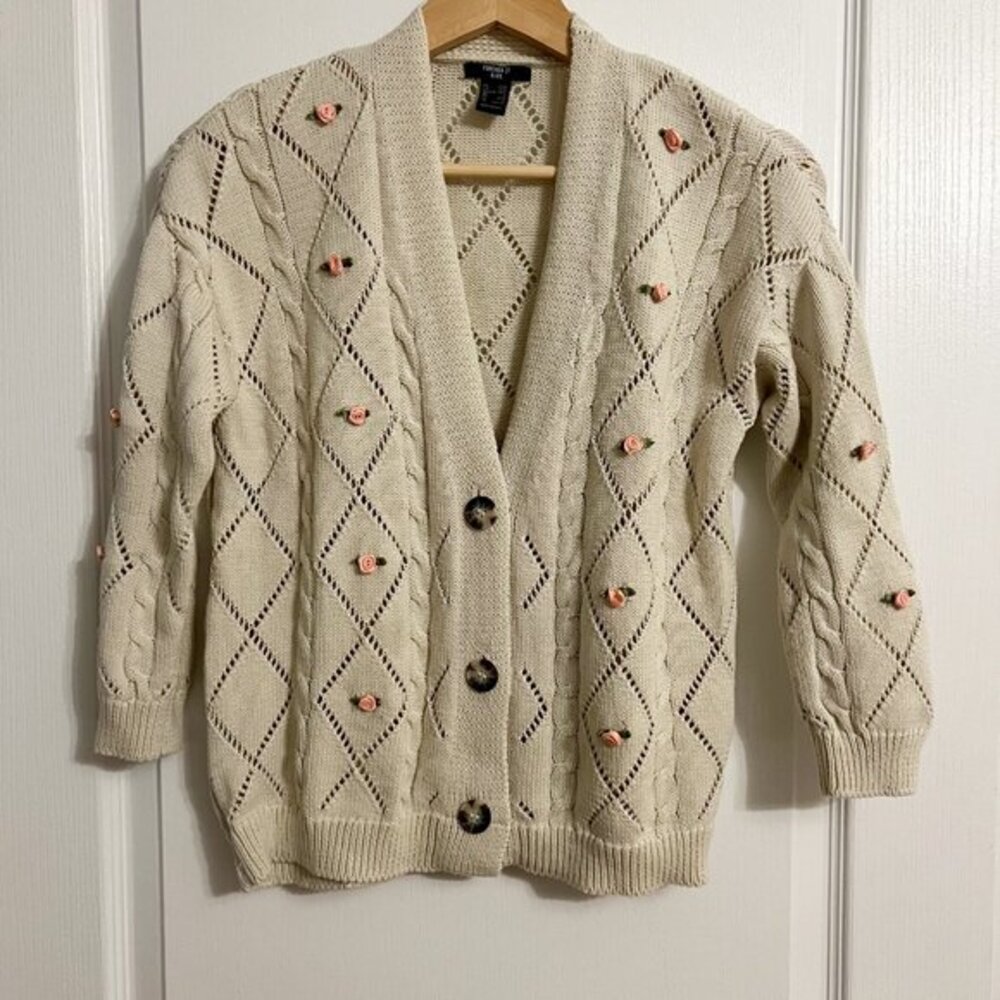 Girls Pointelle Knit Cottagecore Rosette‎ Cardigan 100% Cotton Size 12 Layering